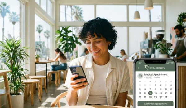 A bright, sun-drenched shot in a modern Los Angeles cafe with palm trees visible through large windows. A smiling woman holds a smartphone in the foreground. The screen displays a sleek medical booking app with the text "Dr. E. Podiatry," "Medical Appointment - Today, 3:00 PM," and a dark green "Confirm Appointment" button. The composition blends urban lifestyle with digital convenience.