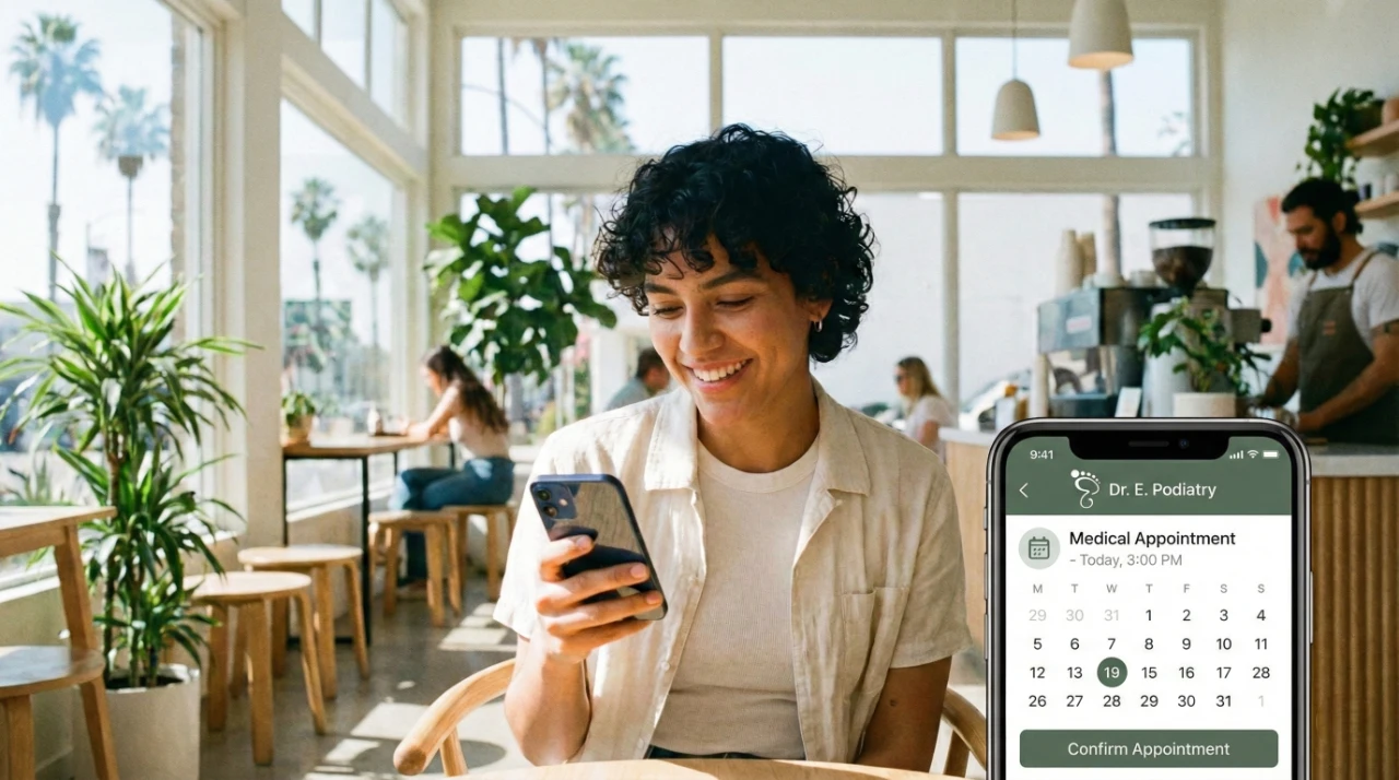 A bright, sun-drenched shot in a modern Los Angeles cafe with palm trees visible through large windows. A smiling woman holds a smartphone in the foreground. The screen displays a sleek medical booking app with the text "Dr. E. Podiatry," "Medical Appointment - Today, 3:00 PM," and a dark green "Confirm Appointment" button. The composition blends urban lifestyle with digital convenience.
