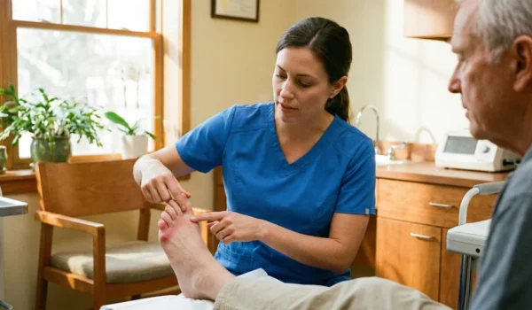 A medium shot in a brightly lit, warm medical office. A female healthcare professional in blue scrubs is seated, carefully examining an elderly man's foot. She uses her index finger to point at a red bunionette near the small toe. The patient is partially visible in the frame, creating a sense of interaction. Natural sunlight flows from a window in the background, creating a calm and professional atmosphere.