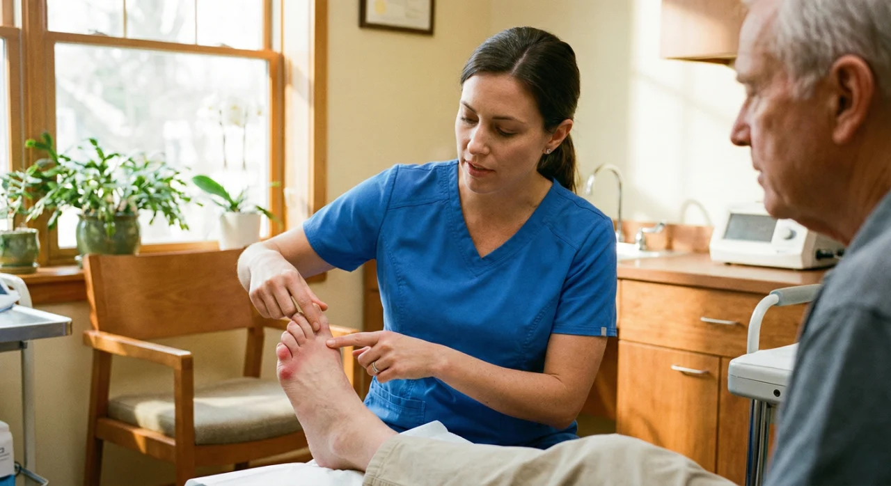A medium shot in a brightly lit, warm medical office. A female healthcare professional in blue scrubs is seated, carefully examining an elderly man's foot. She uses her index finger to point at a red bunionette near the small toe. The patient is partially visible in the frame, creating a sense of interaction. Natural sunlight flows from a window in the background, creating a calm and professional atmosphere.