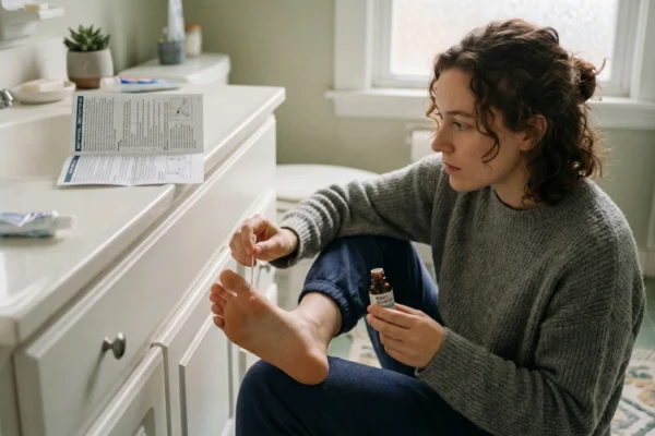 A side-profile photograph captured in soft, natural daylight. A woman with curly hair sits on a green-tiled bathroom floor, leaning against a white wooden vanity. She is using a cotton swab to apply liquid from a small brown glass bottle labeled "WART REMEDY" to a lesion on the sole of her foot. On the white countertop, a "Wart Removal - Directions for Use" instruction pamphlet is open, showing black-and-white diagrams. The composition is clean and centered on the medical application.