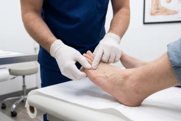 A clinical close-up shot under soft, even indoor lighting showing a podiatrist in blue scrubs and white nitrile gloves gently palpating the ball of a patient's foot. The foot rests on a clean white examination table with a medical roll, focusing on the joint area beneath the big toe.