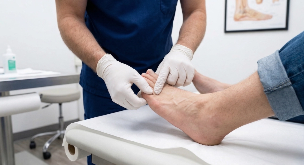 A clinical close-up shot under soft, even indoor lighting showing a podiatrist in blue scrubs and white nitrile gloves gently palpating the ball of a patient's foot. The foot rests on a clean white examination table with a medical roll, focusing on the joint area beneath the big toe.