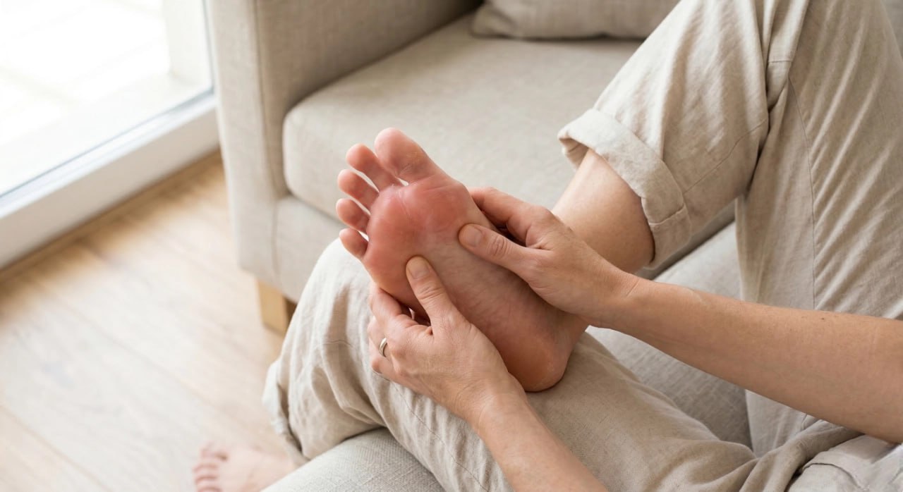 A close-up, elevated photograph shows a person seated on a textured beige sofa, wearing light-colored linen pants, looking down at their raised foot. Bright, natural daylight from the left clearly illuminates their hands gently holding and applying pressure to the bare sole of the foot, which is turn towards the viewer. The metatarsal heads (ball of the foot) exhibit distinct red, inflamed areas. A wedding ring is visible on the finger of the left hand. The shallow depth of field keeps the focus sharp on the interaction between the hands and the painful-looking foot, with the blurred background of the sofa and a wooden floor providing context.