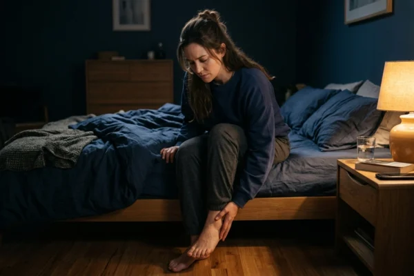 Dim, warm light from a bedside lamp illuminates a young woman in a dark sweatshirt and sweatpants, sitting on the edge of a blue bed in a darkened room. She looks down with a concerned expression, placing both hands on the side of her left ankle and foot. The light highlights the contour of her hands against her leg. The composition centers on her figure.