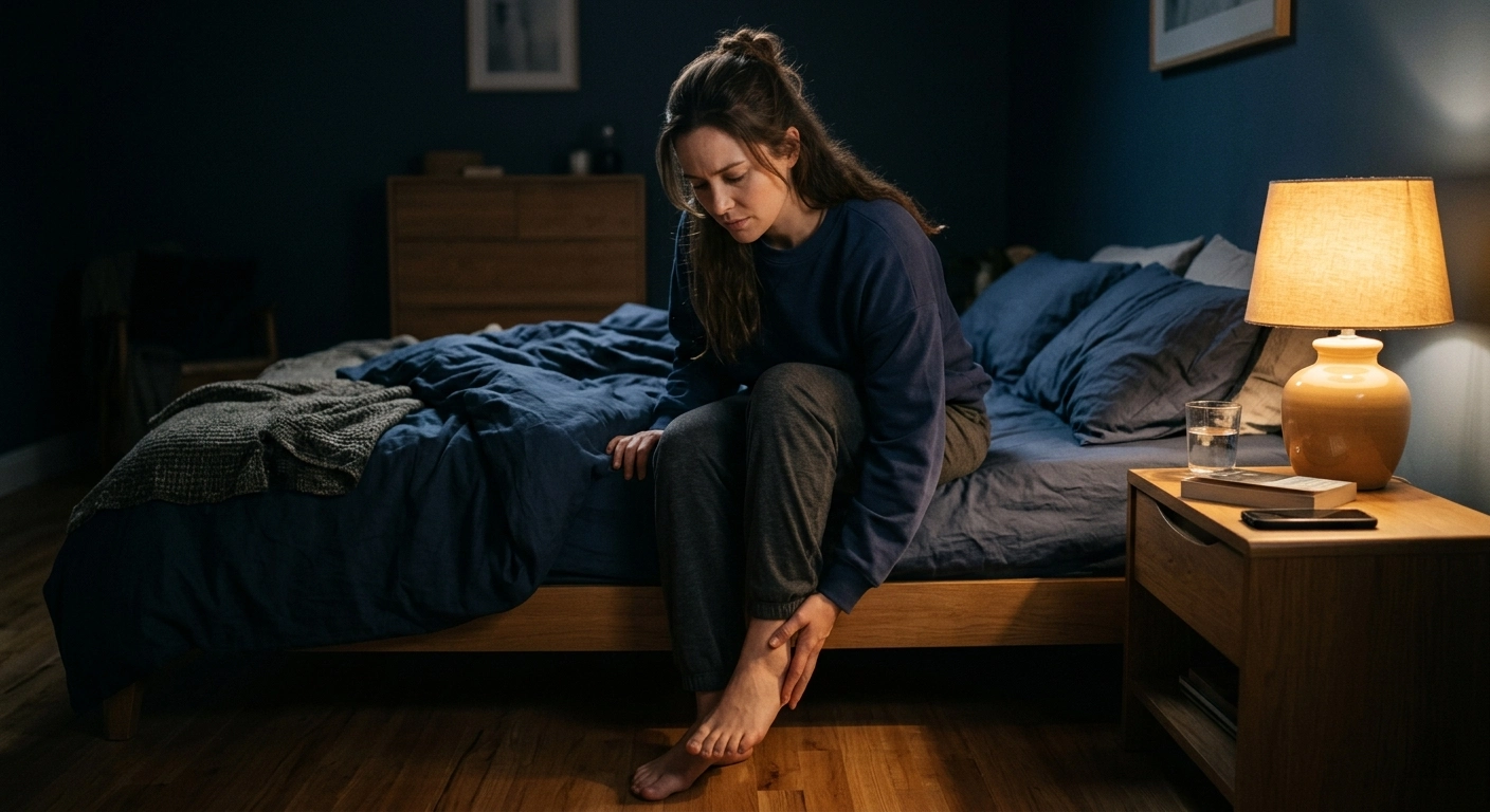 Dim, warm light from a bedside lamp illuminates a young woman in a dark sweatshirt and sweatpants, sitting on the edge of a blue bed in a darkened room. She looks down with a concerned expression, placing both hands on the side of her left ankle and foot. The light highlights the contour of her hands against her leg. The composition centers on her figure.