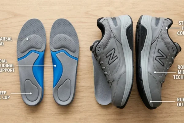 A top-down, symmetrical flat-lay on a light oak wood surface. On the left are two grey and blue medical insoles; on the right are two grey supportive walking shoes. White text boxes with thin leader lines identify technical features like "METATARSAL PAD," "DEEP HEEL CUP," and "RUBBER OUTSOLE" in a clean, sans-serif font.