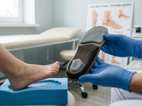 A clinical close-up showing a pair of hands in blue medical gloves holding a brown and grey custom orthopedic insole. In the background, a patient's foot is poised above a blue foam impression block. An anatomical poster is visible on the wall with the text "Анатомія стопи - п'яткова шпора" (Anatomy of the foot - heel spur). The lighting is bright and even, typical of a professional medical office.