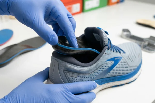 A detailed close-up shot on a clean white workbench with even, bright lighting. A pair of hands in blue nitrile gloves carefully inserts a black carbon-fiber custom orthotic into a blue and grey "Brooks Adrenaline" sneaker. The text "ADRENALINE" and "BROOKS" is visible on the shoe's heel and side. Other orthotic insoles are visible in the soft-focus background.