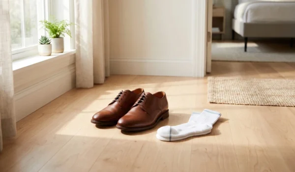 A clean and minimalist indoor scene featuring a pair of polished brown leather shoes and folded white athletic socks on a light-colored hardwood floor. Warm, bright morning sunlight spills across the floor from a nearby window, creating a serene and organized atmosphere in a modern bedroom setting.