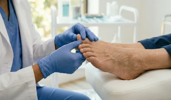 A professional medical close-up showing a podiatrist in a white lab coat and blue gloves performing a physical examination of a patient's foot. The foot is resting on a clean, white padded medical stand. The lighting is high-key and clinical, providing a bright and sterile feel. The side-view composition focuses on the precision of the gloved hands as they assess the big toe area.