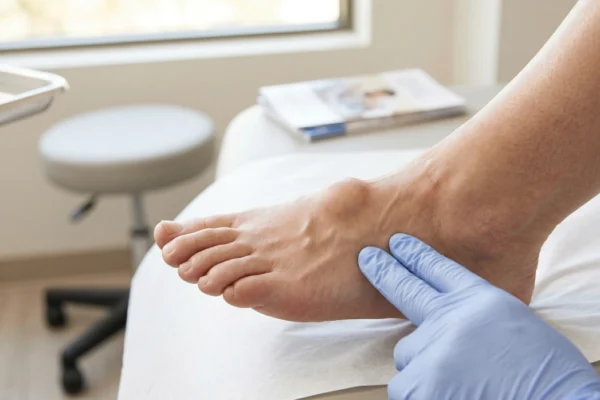 A clinical close-up photograph under bright, even medical lighting. A human foot rests on a clean white paper-covered exam table. A prominent, rounded lump is clearly visible on the dorsal (top) aspect of the midfoot. A gloved index finger in a blue latex glove points precisely to the mass. A blurred medical chart is visible in the sterile, out-of-focus background.