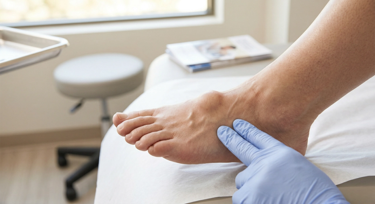 A clinical close-up photograph under bright, even medical lighting. A human foot rests on a clean white paper-covered exam table. A prominent, rounded lump is clearly visible on the dorsal (top) aspect of the midfoot. A gloved index finger in a blue latex glove points precisely to the mass. A blurred medical chart is visible in the sterile, out-of-focus background.