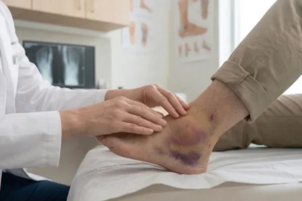 A softly lit, natural daylight photo captured from a medium side angle. A female podiatrist in a crisp white lab coat sits and uses both hands to perform a careful examination of a bare male foot and ankle, which has significant dark purplish bruising and swelling visible. The patient is seated and looking down. The clean background includes wood-grain cabinetry, a large window providing daylight.