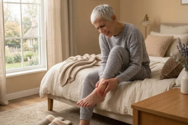 A wide, warm-toned shot of a cozy bedroom. A woman sits on the edge of a beige linen bed, holding her foot in pain. Warm sunlight streams through a large window. In the foreground, a wooden table holds a vase of lavender. The composition uses a shallow depth of field to focus on the patient.