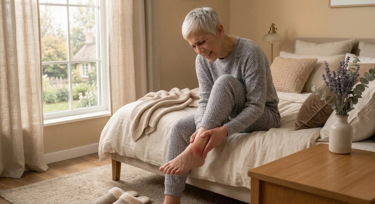A wide, warm-toned shot of a cozy bedroom. A woman sits on the edge of a beige linen bed, holding her foot in pain. Warm sunlight streams through a large window. In the foreground, a wooden table holds a vase of lavender. The composition uses a shallow depth of field to focus on the patient.