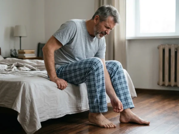 A realistic, medium-shot of a middle-aged man with grey hair sitting on the edge of a bed in blue plaid pajama pants. He is grimacing and hunched over, touching his right heel as if in intense pain. Soft, diffused natural light enters from a window behind him, casting gentle shadows across the bedroom. The composition captures a candid moment of physical discomfort.
