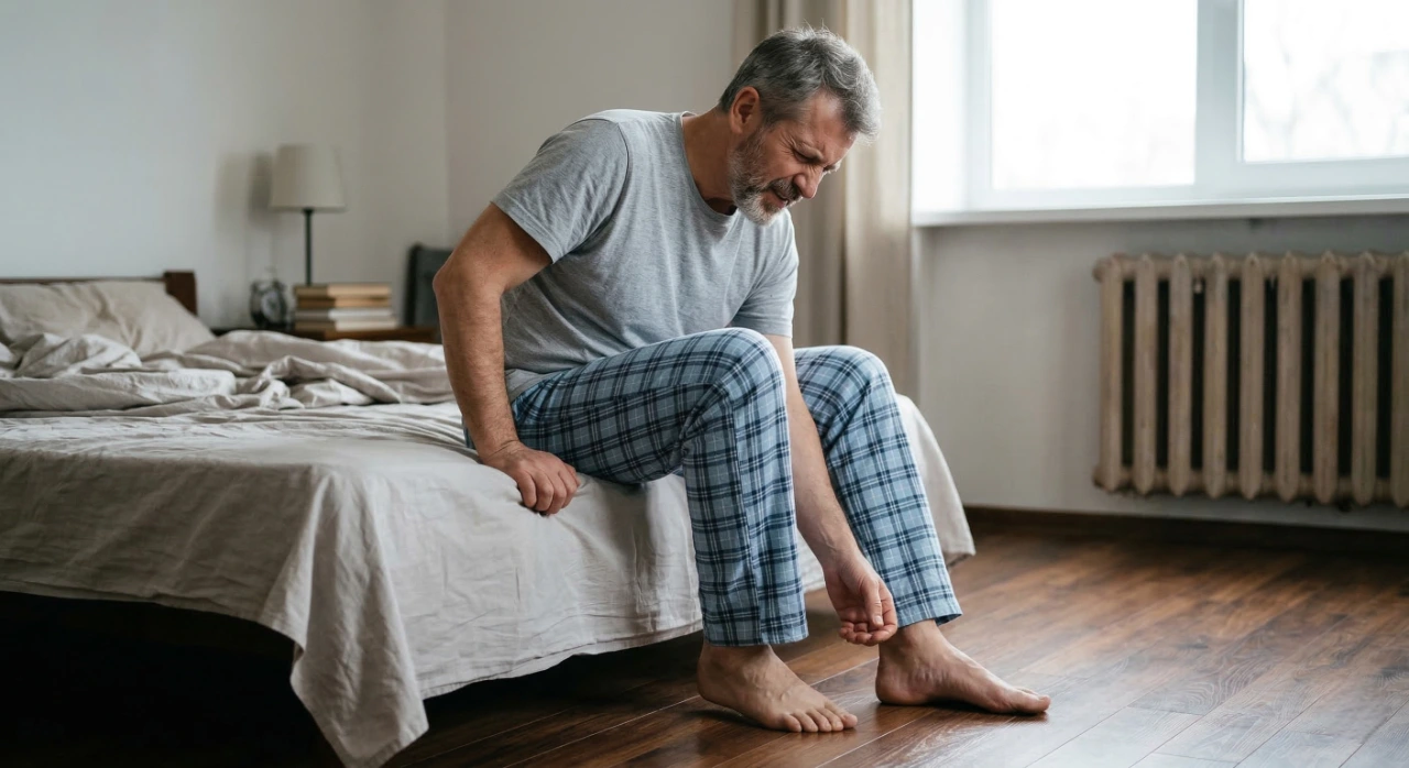 A realistic, medium-shot of a middle-aged man with grey hair sitting on the edge of a bed in blue plaid pajama pants. He is grimacing and hunched over, touching his right heel as if in intense pain. Soft, diffused natural light enters from a window behind him, casting gentle shadows across the bedroom. The composition captures a candid moment of physical discomfort.