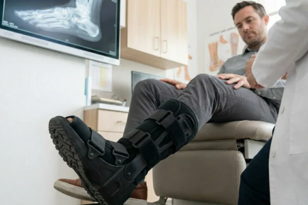 A natural-light photograph from a low side angle, looking slightly up at a male patient seated on a clean leather examination table. He wears a heavy, black rigid medical walking boot (fracture boot) with straps. The patient looks down at his boot with a contemplative expression. The background features wood-grain cabinetry and a large digital wall monitor clearly displaying a high-contrast X-ray of a human foot and ankle (the word "X-RAY" is visible on screen but blurred). A healthcare provider’s lower body is partially in the foreground. Bright, clear clinic interior.