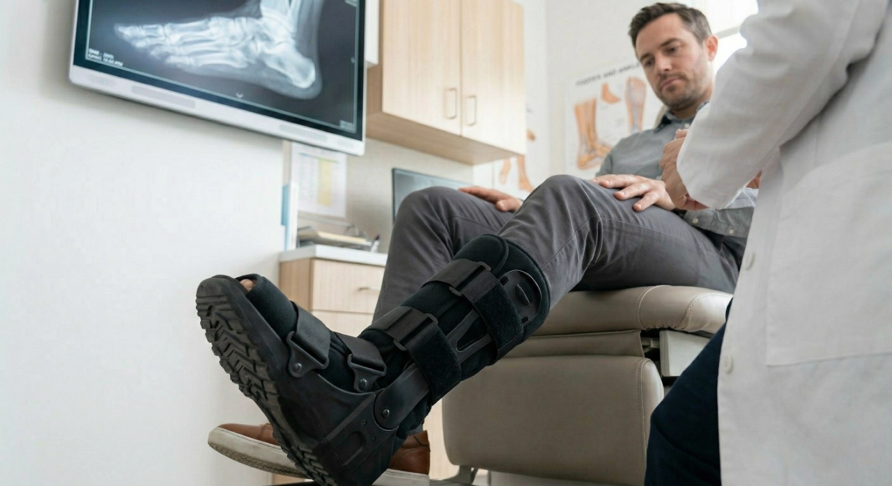A natural-light photograph from a low side angle, looking slightly up at a male patient seated on a clean leather examination table. He wears a heavy, black rigid medical walking boot (fracture boot) with straps. The patient looks down at his boot with a contemplative expression. The background features wood-grain cabinetry and a large digital wall monitor clearly displaying a high-contrast X-ray of a human foot and ankle (the word "X-RAY" is visible on screen but blurred). A healthcare provider’s lower body is partially in the foreground. Bright, clear clinic interior.