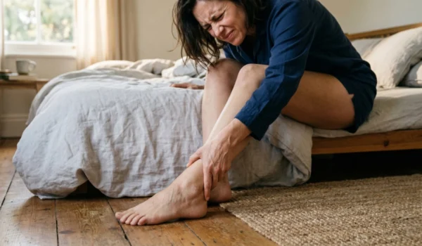 A woman in dark blue pajamas sitting on the edge of a bed, clutching her heel with a pained facial expression. The scene is illuminated by warm, directional morning light coming through a window, highlighting the texture of the grey linens and wooden floor. The composition focuses on her hands gripping her ankle area in a cozy, rustic-style bedroom setting.