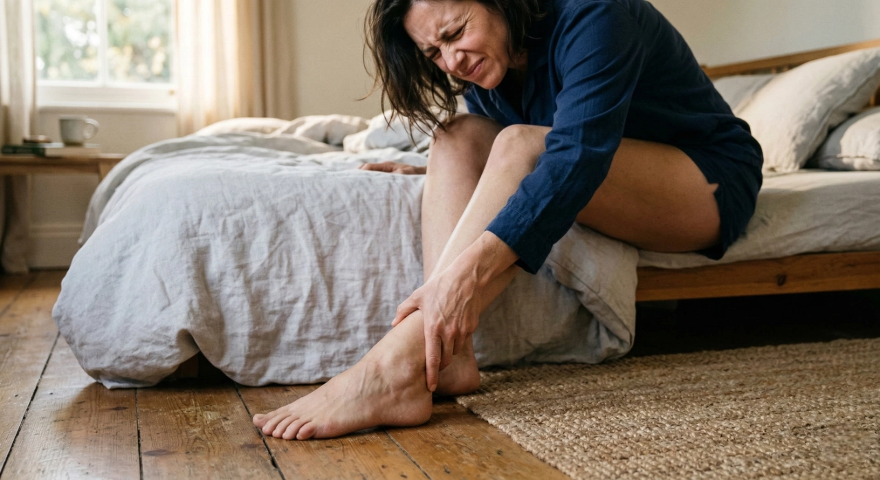 A woman in dark blue pajamas sitting on the edge of a bed, clutching her heel with a pained facial expression. The scene is illuminated by warm, directional morning light coming through a window, highlighting the texture of the grey linens and wooden floor. The composition focuses on her hands gripping her ankle area in a cozy, rustic-style bedroom setting.