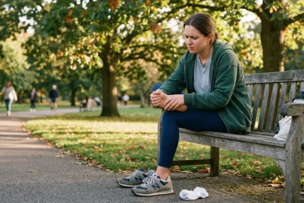 A woman sits on a weathered wooden park bench, leaning forward with a pained expression while massaging her bare right foot. The scene is bathed in warm, dappled afternoon sunlight filtering through green trees. Her gray and blue sneakers and white socks sit on the asphalt path in the foreground. The background is a soft-focus park with people walking along a sunlit trail.