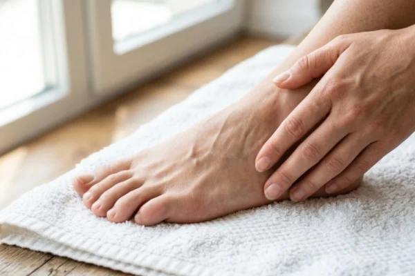 An intimate, close-up photograph taken with a low camera angle, showing a bare foot resting on a textured white terry towel spread along a worn wooden window sill. Soft, natural daylight floods the scene from a large background window, creating a warm ambiance. A hand with natural nails gently cradles the top of the foot and ankle in a comforting gesture. The composition uses a strong diagonal line created by the foot and arm. The light emphasizes the detailed skin texture, delicate veins, and the soft texture of the towel. The focus is sharp on the forefoot and fingers, with the window view softly blurred in the background.