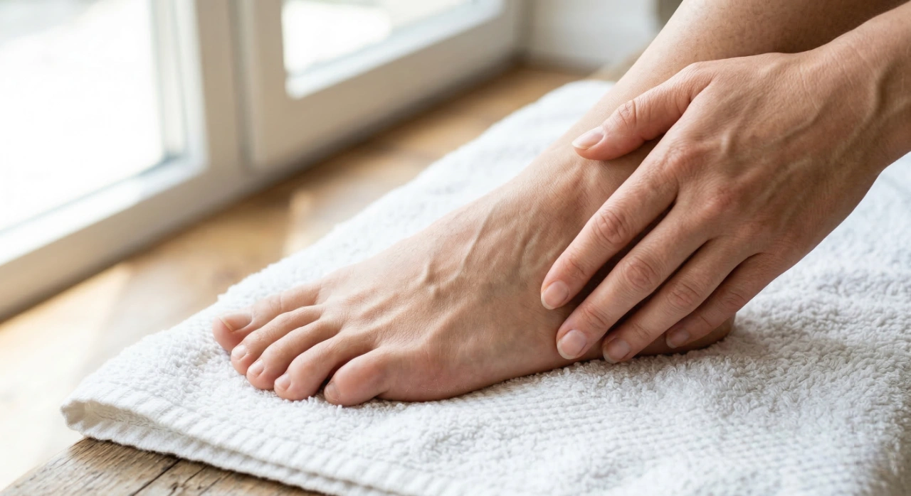An intimate, close-up photograph taken with a low camera angle, showing a bare foot resting on a textured white terry towel spread along a worn wooden window sill. Soft, natural daylight floods the scene from a large background window, creating a warm ambiance. A hand with natural nails gently cradles the top of the foot and ankle in a comforting gesture. The composition uses a strong diagonal line created by the foot and arm. The light emphasizes the detailed skin texture, delicate veins, and the soft texture of the towel. The focus is sharp on the forefoot and fingers, with the window view softly blurred in the background.