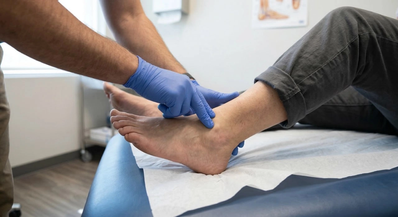 A side-view close-up shot with soft natural lighting illuminating a patient's bare foot resting on a white-papered blue medical table. A practitioner in blue latex gloves is seen gently pressing fingers against the ankle joint. The background shows a blurry medical office setting with neutral colors and soft shadows.