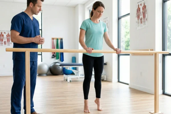 A wide, airy shot in a physical therapy gym featuring light wood floors and large windows providing diffused daylight. A woman in a teal t-shirt and black leggings holds a wooden barre while performing a single-limb heel raise on her bare right foot. A male therapist in dark blue scrubs stands to the side, observing her form. Professional anatomical posters are mounted on the white walls.