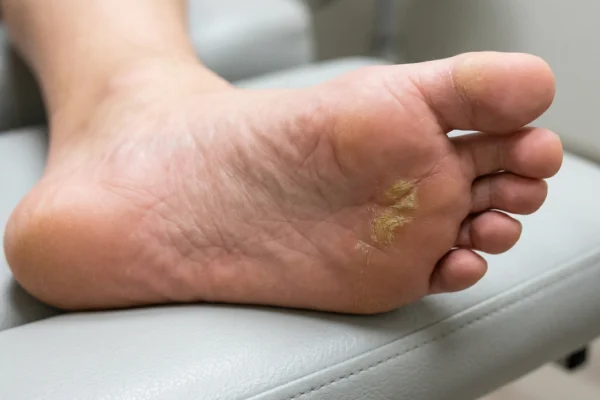 A macro-style close-up photograph of the underside of a relaxed human foot, centrally composed and filling the frame. A large, complex, rugged-textured, yellow-brown plantar callus is clearly visible on the ball of the foot, showcasing thick, rugged, and cracked texture. Soft, natural light illuminates the scene, emphasizing the skin texture and the detailed callus pattern without creating harsh shadows. No text is present.