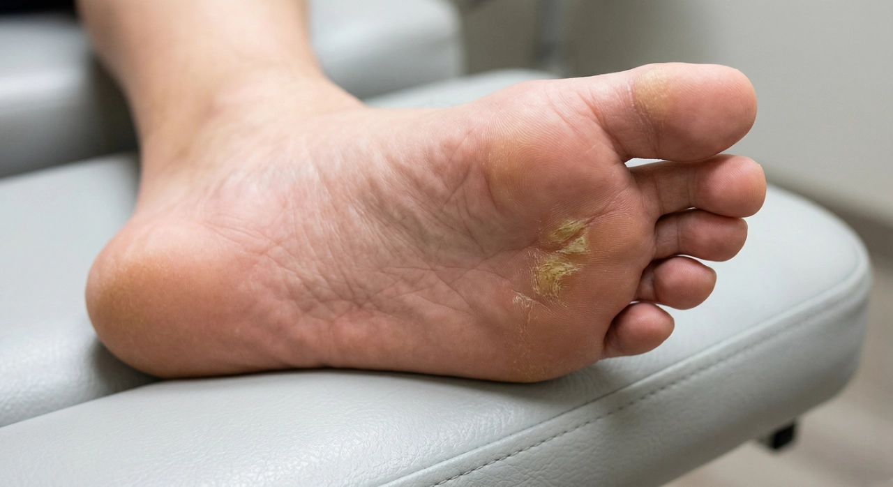 A macro-style close-up photograph of the underside of a relaxed human foot, centrally composed and filling the frame. A large, complex, rugged-textured, yellow-brown plantar callus is clearly visible on the ball of the foot, showcasing thick, rugged, and cracked texture. Soft, natural light illuminates the scene, emphasizing the skin texture and the detailed callus pattern without creating harsh shadows. No text is present.