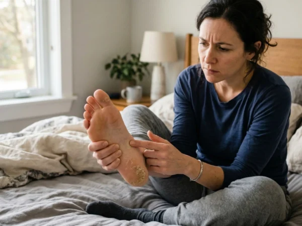 A medium-shot photograph with a shallow depth of field. A woman sits on a bed with grey and beige linens, illuminated by bright, soft light coming from a large window on the left. She holds her foot up, pointing with a concerned expression at a large, rough, yellowish hyperkeratotic growth on her heel. The background is softly blurred, showing a wooden headboard, a lamp, and a small plant. The focus is sharp on the texture of the plantar lesion.