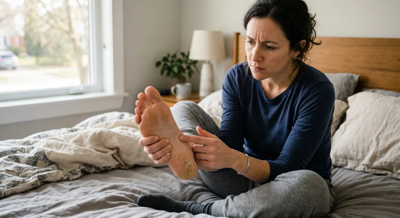A medium-shot photograph with a shallow depth of field. A woman sits on a bed with grey and beige linens, illuminated by bright, soft light coming from a large window on the left. She holds her foot up, pointing with a concerned expression at a large, rough, yellowish hyperkeratotic growth on her heel. The background is softly blurred, showing a wooden headboard, a lamp, and a small plant. The focus is sharp on the texture of the plantar lesion.