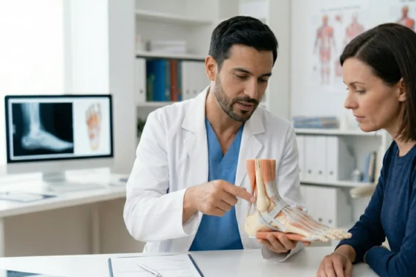 A medium shot in a brightly lit, professional medical office. A male podiatrist in a white coat points to the medial tendon area of a realistic anatomical foot model. A female patient in a navy sweater looks on intently. In the background, a computer monitor displays a grayscale foot X-ray and a colorful anatomical diagram under soft, natural light.