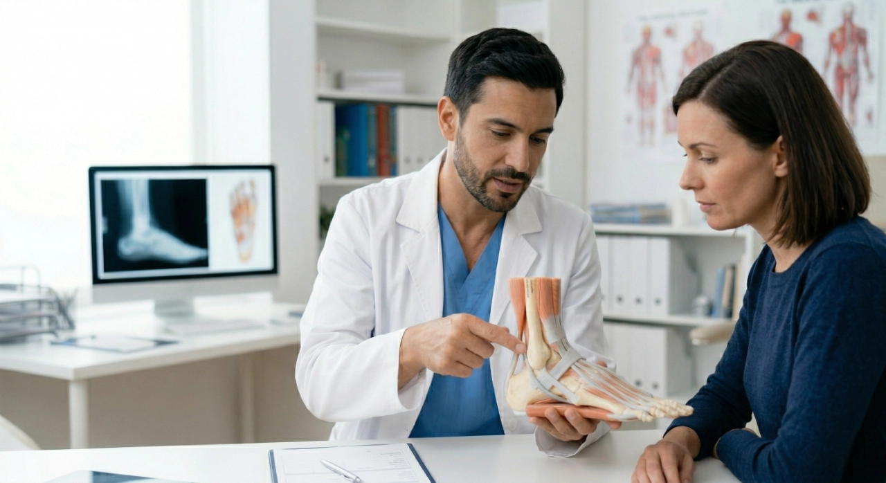 A medium shot in a brightly lit, professional medical office. A male podiatrist in a white coat points to the medial tendon area of a realistic anatomical foot model. A female patient in a navy sweater looks on intently. In the background, a computer monitor displays a grayscale foot X-ray and a colorful anatomical diagram under soft, natural light.