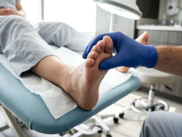 A close-up, high-key shot of a podiatrist’s hand in a blue nitrile glove performing a clinical palpation exam on the ball of a patient’s foot. The foot rests on a light-blue padded examination table covered with white medical paper. The lighting is bright and sterile, reflecting off the clean surfaces of a modern clinic. The background shows a minimalist medical office with grey cabinetry in a soft blur.