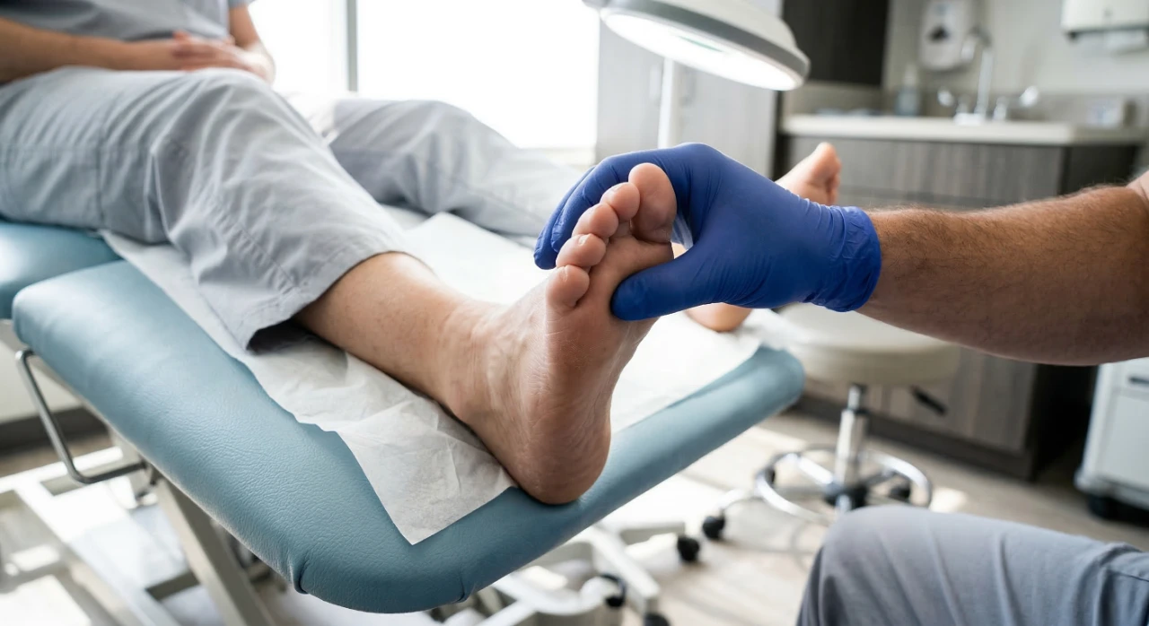 A close-up, high-key shot of a podiatrist’s hand in a blue nitrile glove performing a clinical palpation exam on the ball of a patient’s foot. The foot rests on a light-blue padded examination table covered with white medical paper. The lighting is bright and sterile, reflecting off the clean surfaces of a modern clinic. The background shows a minimalist medical office with grey cabinetry in a soft blur.