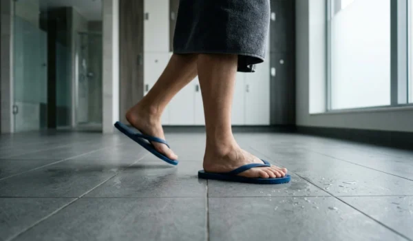 A low-angle, eye-level shot of a person walking across a wet, gray-tiled locker room floor wearing blue rubber flip-flops. Soft natural light streams in from a large window on the right, casting subtle reflections on the damp floor, while locker cabinets remain softly blurred in the background.