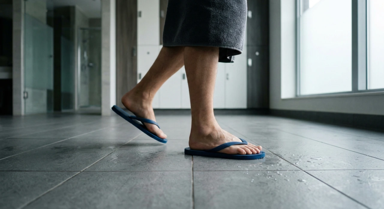 A low-angle, eye-level shot of a person walking across a wet, gray-tiled locker room floor wearing blue rubber flip-flops. Soft natural light streams in from a large window on the right, casting subtle reflections on the damp floor, while locker cabinets remain softly blurred in the background.