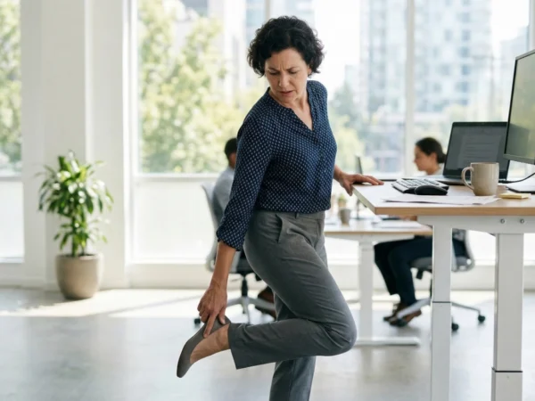 A professional woman in a blue patterned shirt and grey trousers leaning against a white standing desk in a bright, sun-lit office. The mid-shot composition uses soft, natural light from large background windows to highlight her clutching her heel in discomfort. The background shows a clean, modern workspace with a minimalist aesthetic and blurred office surroundings.