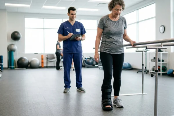 A wide, bright shot of a physical therapy gym flooded with natural light from large windows. An elderly woman wearing a black medical walking boot is practicing her gait between silver parallel bars, while a therapist in blue scrubs stands nearby monitoring her progress on a tablet.
