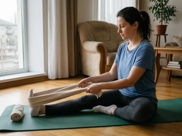 A side-view, wide-angle shot of a woman in a blue t-shirt sitting on a green yoga mat. She is stretching her foot by looping a beige towel around her toes and pulling back. The room is filled with bright, natural light from a large window on the left, highlighting the polished wooden floor. The composition is clean and focused on the proper execution of the stretch.