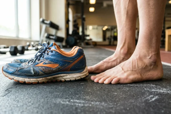 Bright daylight from a gym window to the side illuminates a worn blue and orange running shoe resting on a rubber floor. Next to it, to the right, are the lower legs of a person with two bare, detailed feet, standing on the same floor. The heel of the shoe is next to the toes. Dumbbells and a bench are visible in the blurred background. The camera is at a low level.