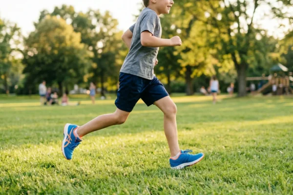 A side-profile action shot of a young boy running across a lush green lawn during golden hour. The warm, low-angled sunlight creates a soft glow and long shadows on the grass. The boy is in mid-stride, wearing blue shorts and vibrant blue sneakers with orange accents. The background features a softly blurred park with mature trees and a playground.