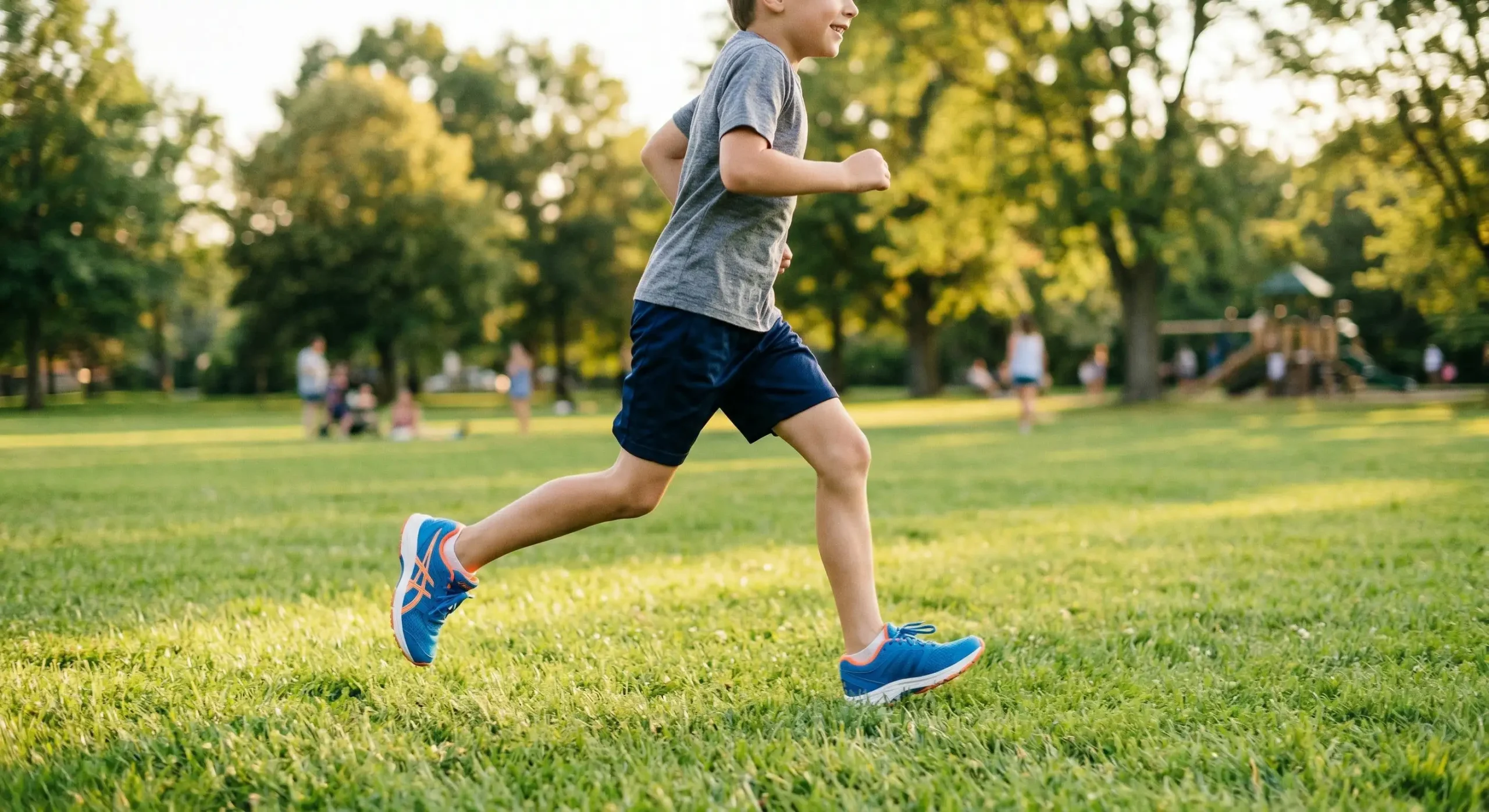 A side-profile action shot of a young boy running across a lush green lawn during golden hour. The warm, low-angled sunlight creates a soft glow and long shadows on the grass. The boy is in mid-stride, wearing blue shorts and vibrant blue sneakers with orange accents. The background features a softly blurred park with mature trees and a playground.