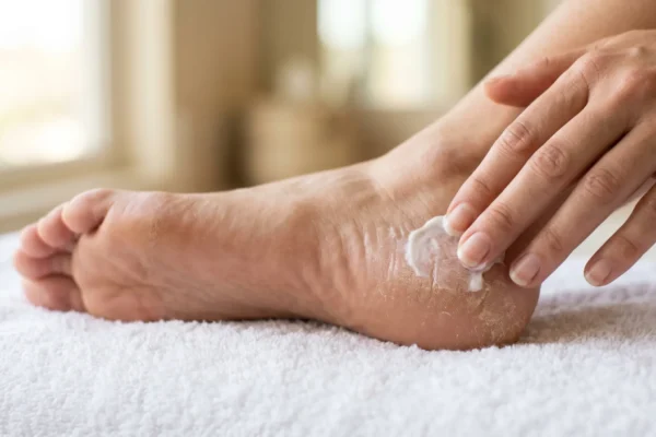 A close-up of a woman applying thick moisturizing cream to a dry, calloused heel, demonstrating at-home heel callus treatment recommended by a Los Angeles podiatrist.