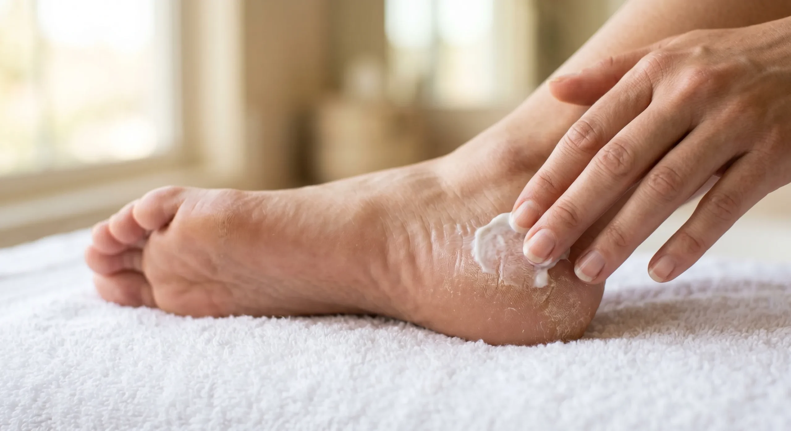 A close-up of a woman applying thick moisturizing cream to a dry, calloused heel, demonstrating at-home heel callus treatment recommended by a Los Angeles podiatrist.