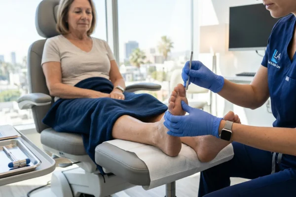 A wider-angle photograph from a clean, modern medical office in Los Angeles. An older female patient, with short blonde hair and a light t-shirt, is seated in a gray, reclining medical chair, covered by a blue blanket and looking towards the camera. She rests her bare feet on a white sterile drape. A female clinician in navy blue scrubs and blue gloves is positioned on the right, actively working on the patient’s foot with a small, precise surgical tool. Text on the clinician's badge includes 'Dr.' and 'Medical Podiatrist' (specific names blurred). In the blurred foreground tray, sterile tuning forks are visible. The background shows a modern city skyline and palm trees through a large, bright window, and a modern desk. Sunlight from the window brightly illuminates the room and the foot.